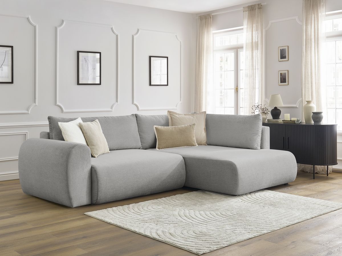 Bobochic Lucien Ecksofa mit Schlaffunktion und Bettkasten 296 × 198 cm Stoff Hellgrau Ecke rechts