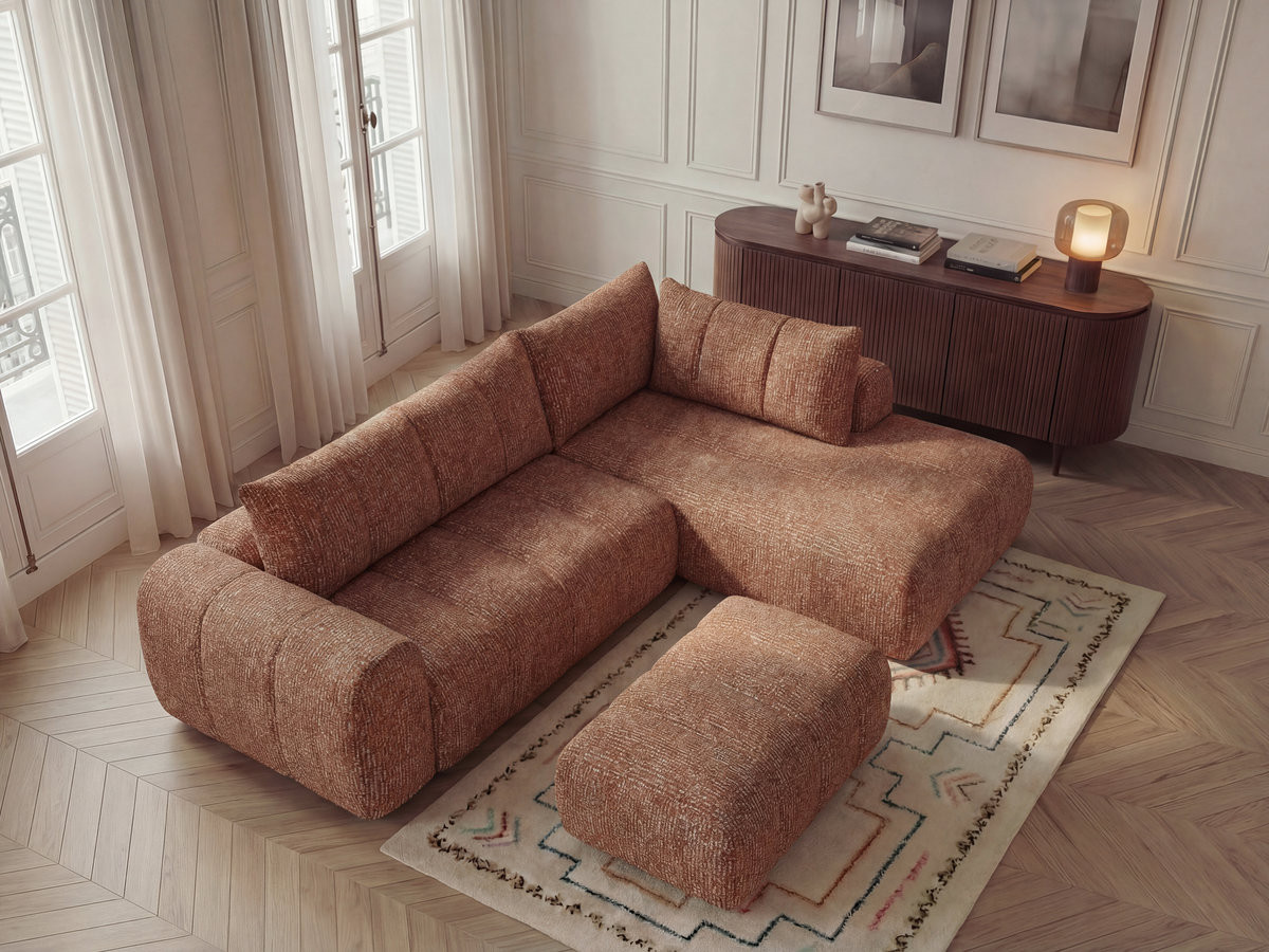 Bobochic Nesty Ecksofa in L-Form, 256 cm, mit Pouf Melange-Stoff Orange Ecke rechts