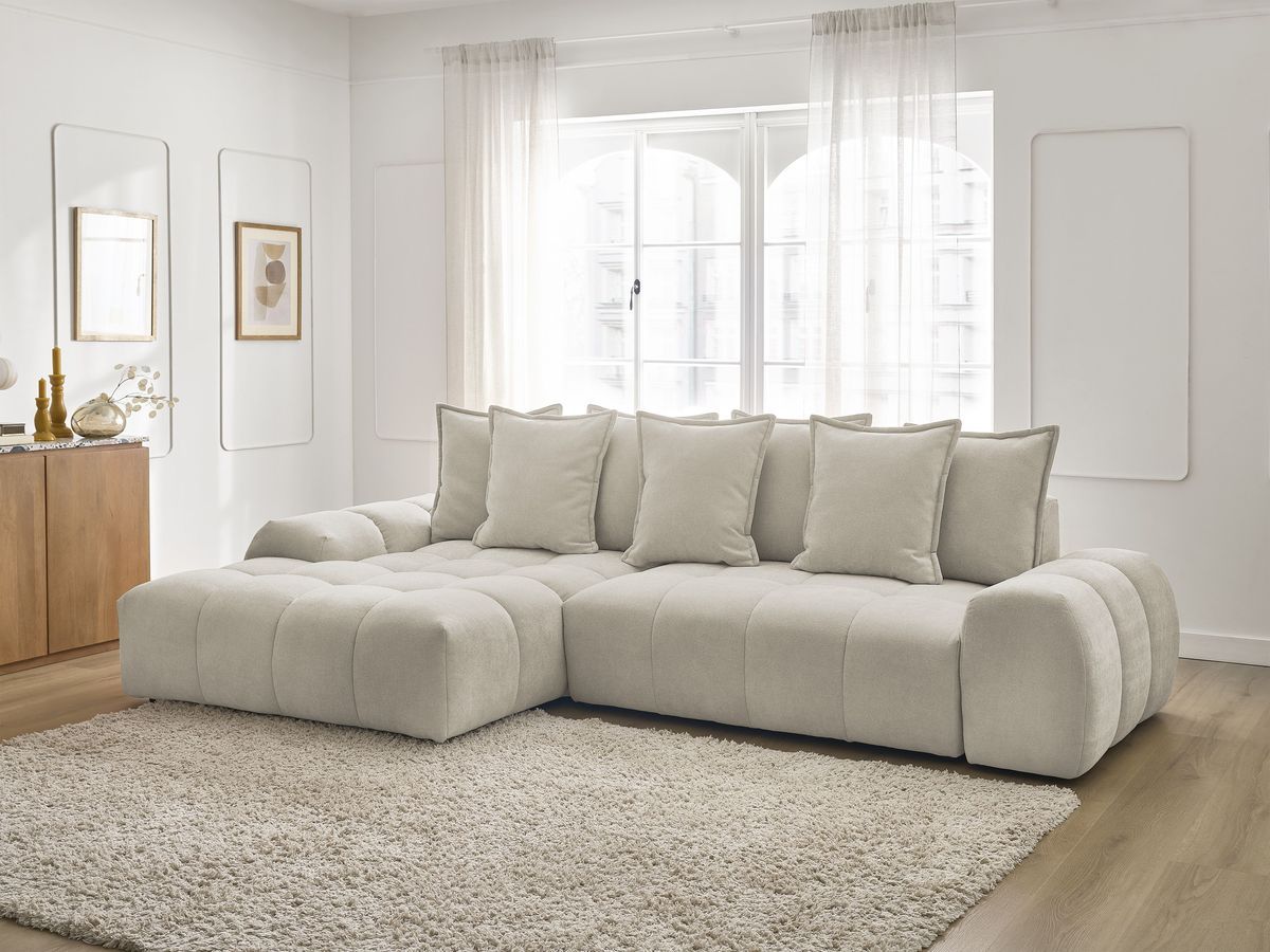 Bobochic Everest Ecksofa mit Schlaffunktion und Bettkasten 318 × 180 cm, 7 Kissen Strukturstoff Beige Ecke links
