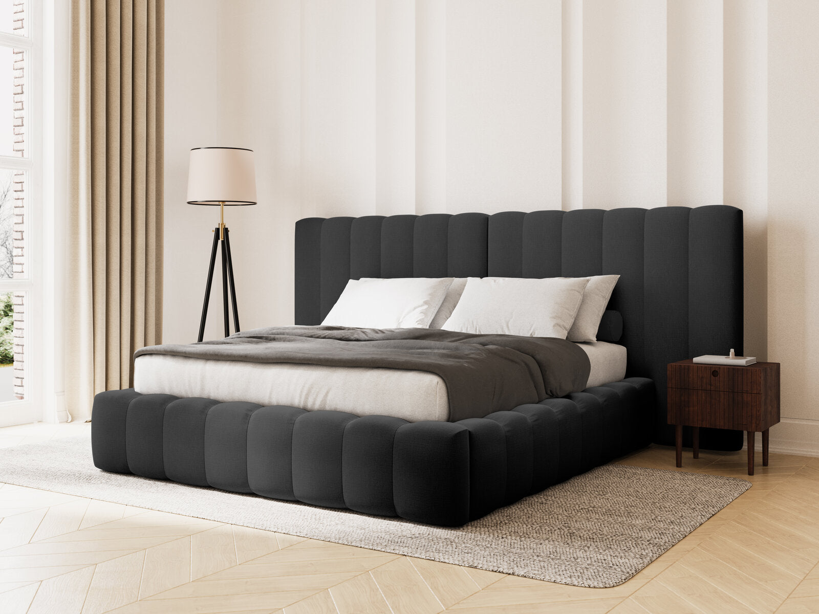 Micadoni Bett Kelp mit Doppelkopfteil Strukturierter Stoff Moly Anthrazit 140x200