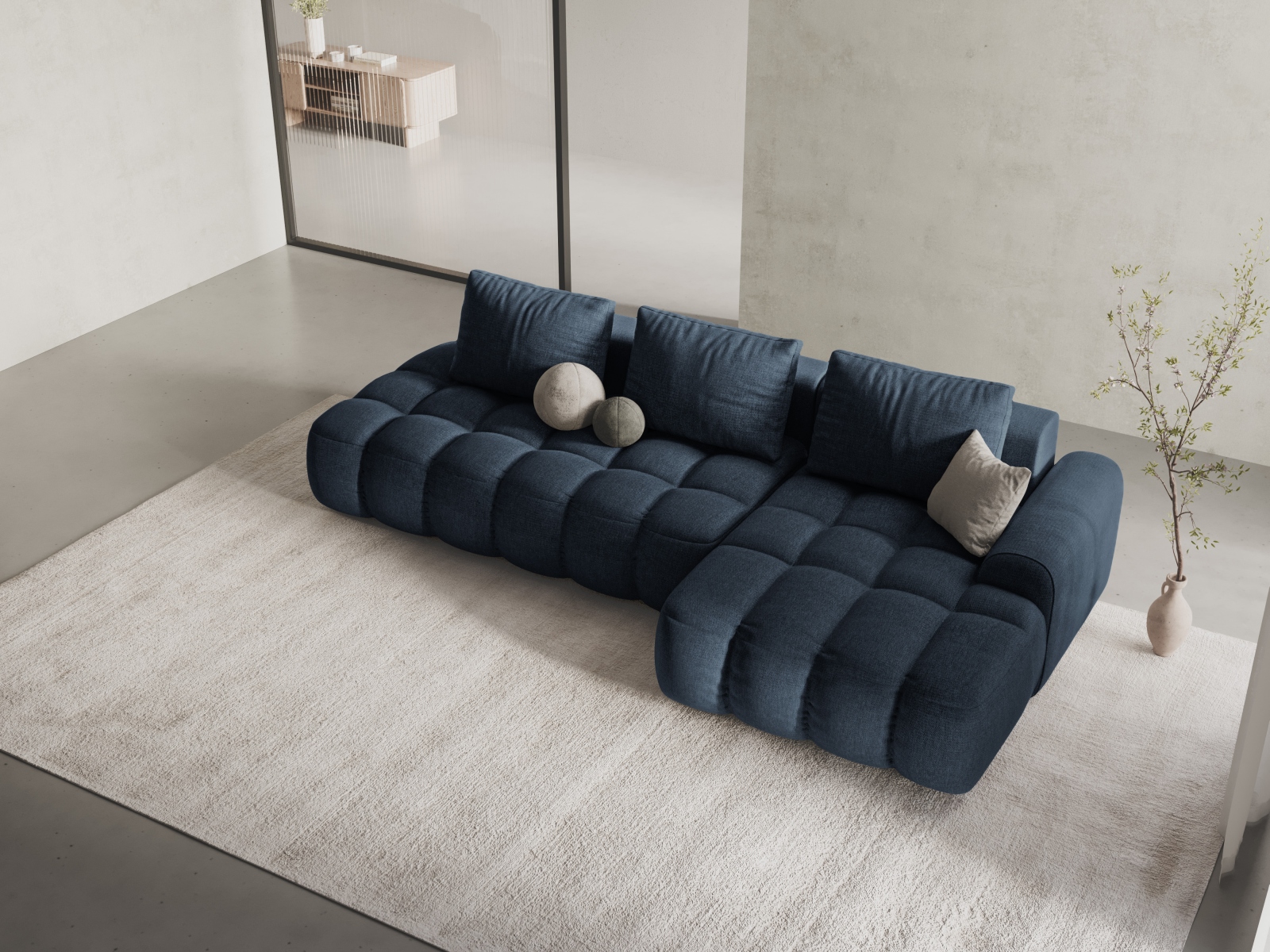 Cosmopolitan Design Ecksofa Linz 3-Sitzer offen mit Schlaffunktion Strukturierter Stoff Sorella Dunkelblau Rechts