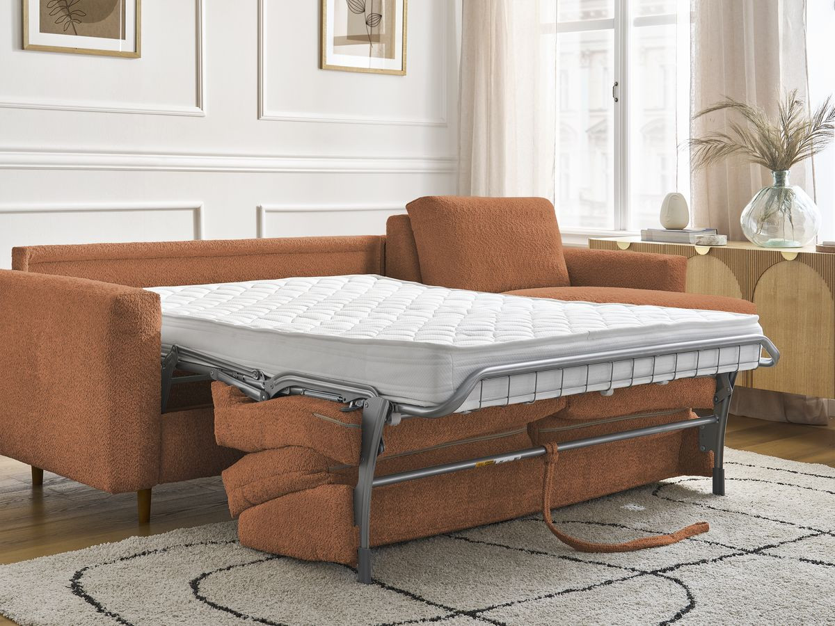 Bobochic Cocoone Ecksofa mit Schlaffunktion und Bettkasten Bouclé-Stoff Orange, Liegefläche 140 × 200 cm
