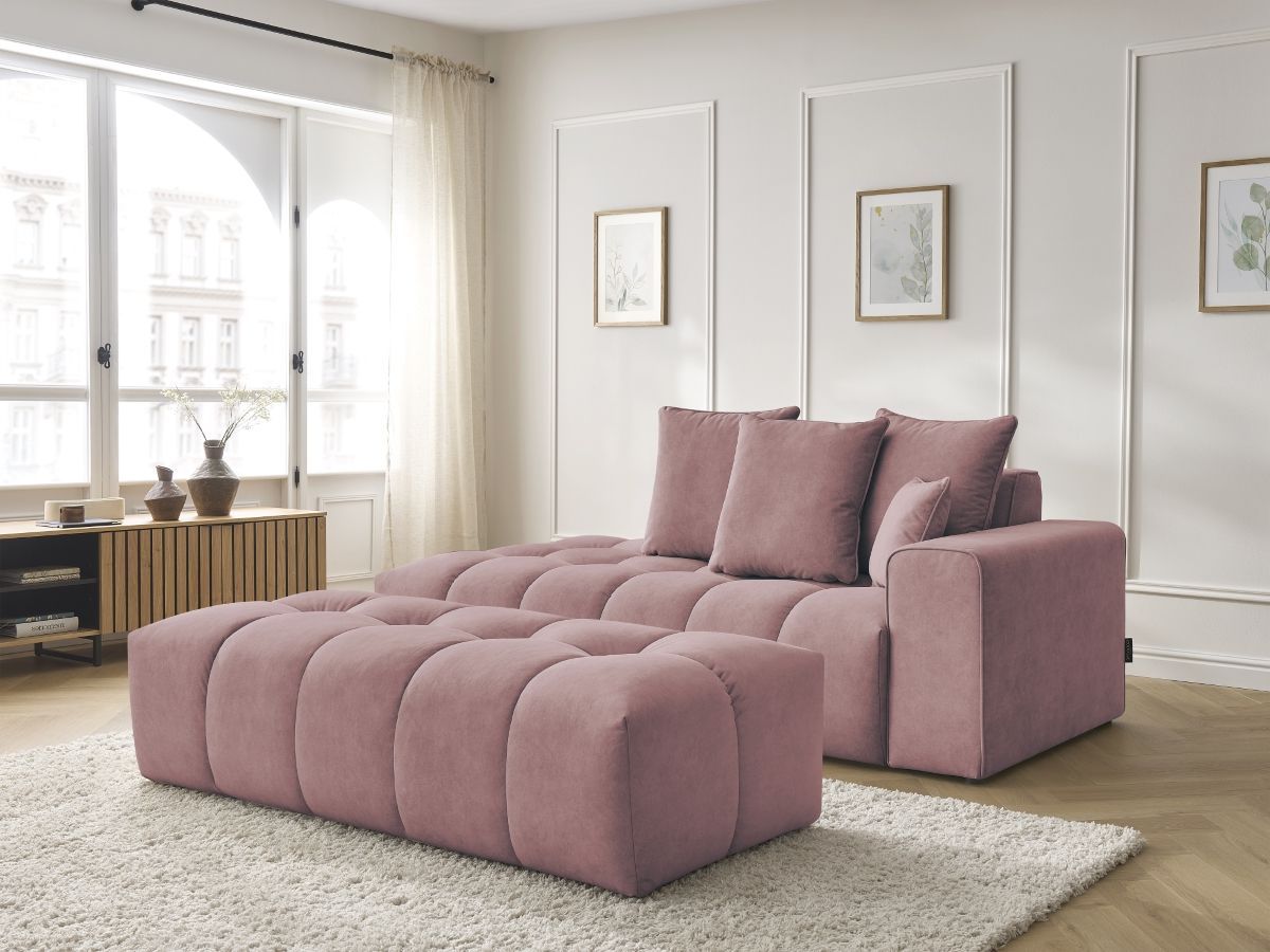 Bobochic Mont-blanc Sofa 5-Sitzer mit Pouf Samt Rosa Armlehne rechts