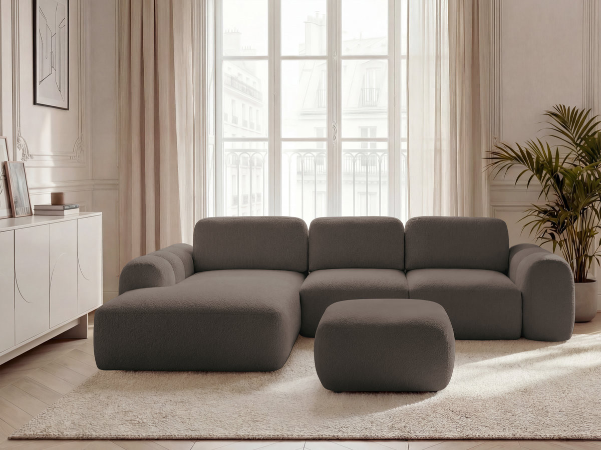 Bobochic Montaigne Ecksofa mit Schlaffunktion und Bettkasten und Pouf 288 × 196 cm Bouclé-Stoff Braun Ecke links