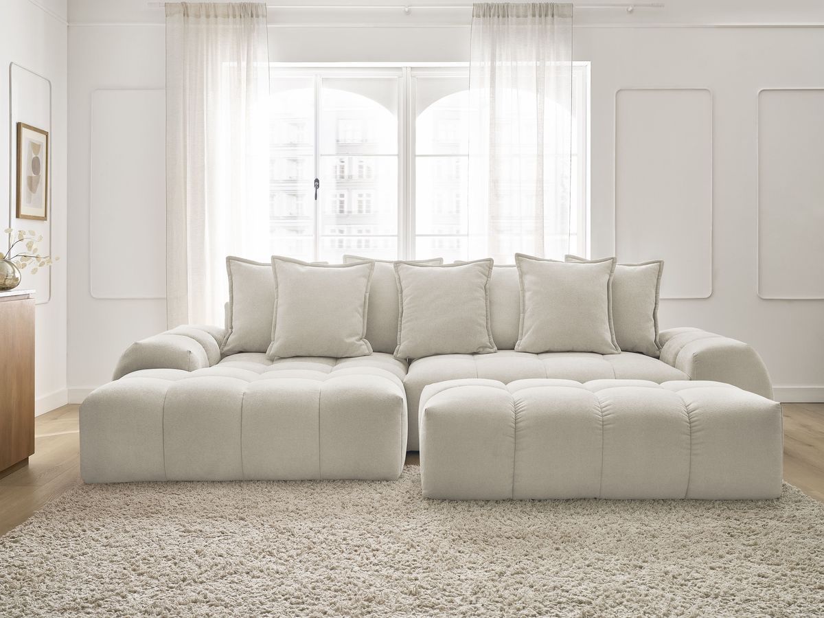 Bobochic Everest Ecksofa mit Schlaffunktion und Bettkasten und Pouf 318 × 180 cm, 7 Kissen Strukturstoff Beige Ecke links
