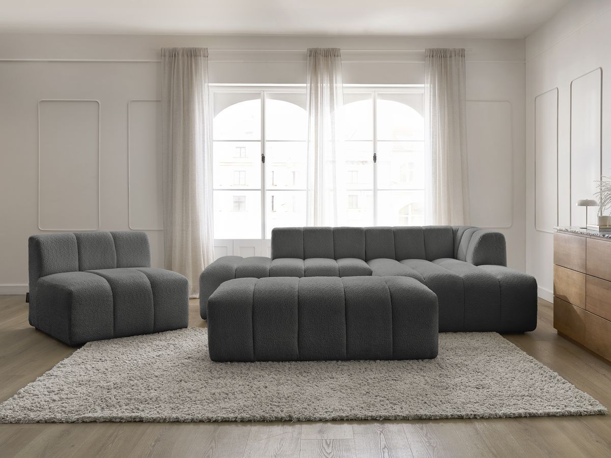 Bobochic Annecy Ecksofa mit Sofamodul und Pouf Bouclé-Stoff Dunkelgrau Ecke rechts