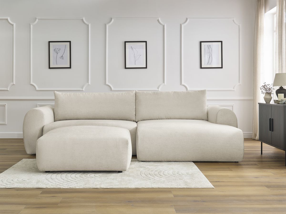 Bobochic Lucien Ecksofa mit Schlaffunktion und Bettkasten und Pouf 314 × 167 cm Stoff Beige Ecke rechts