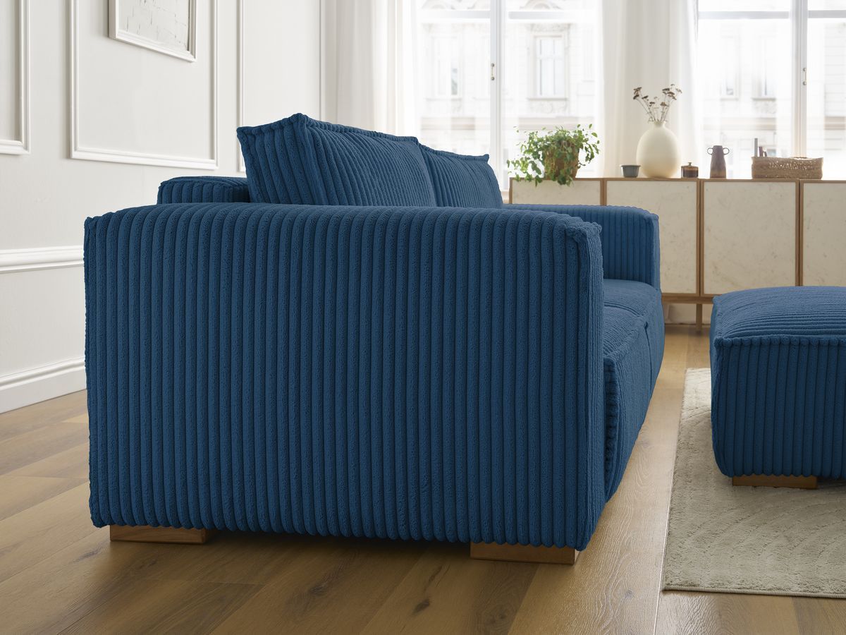 Bobochic Chelsea Sofa 3-Sitzer mit Pouf Breitcord weich Dunkelblau