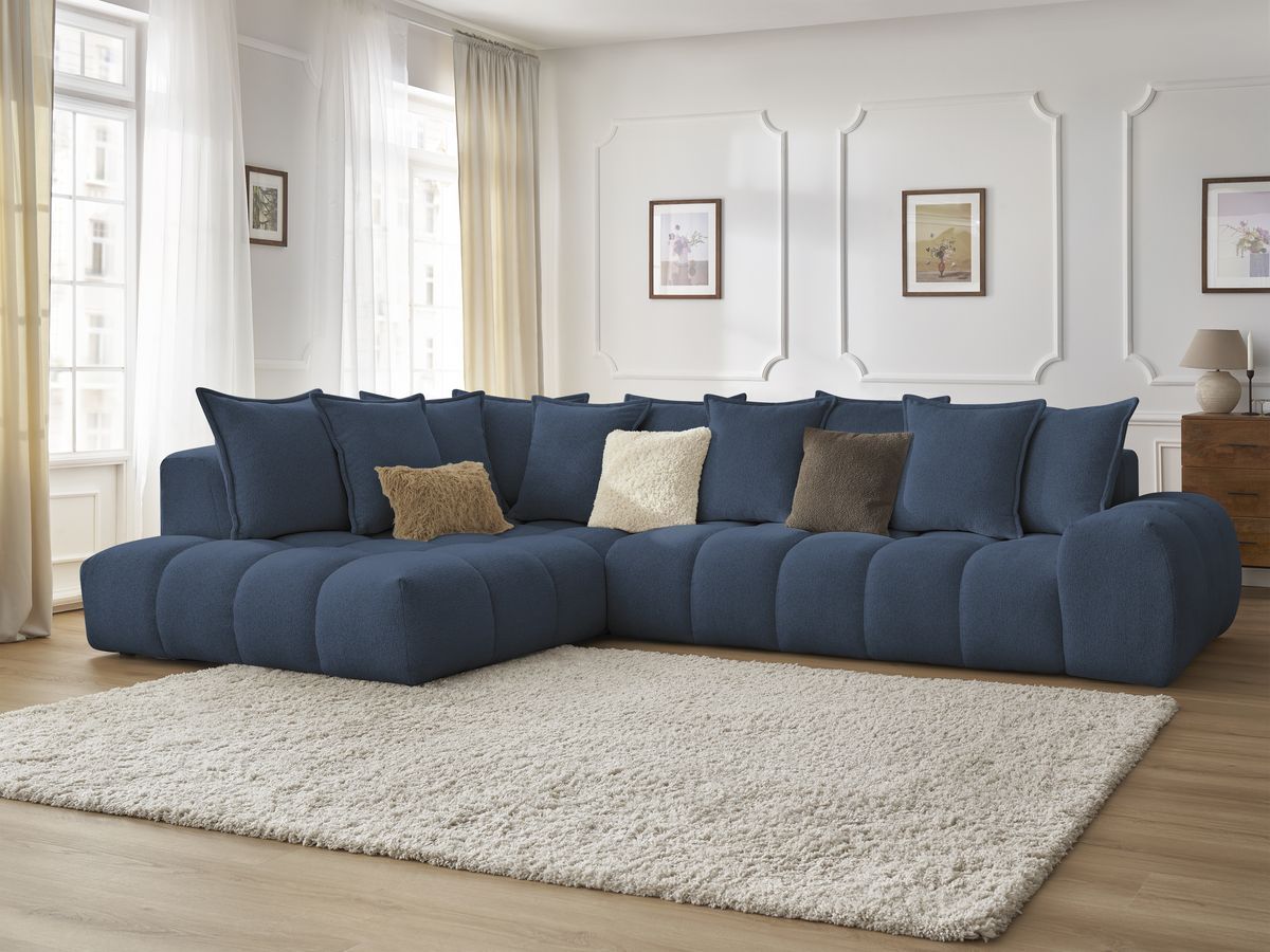 Bobochic Everest Ecksofa, 10 Kissen Melange-Stoff Dunkelblau Ecke links