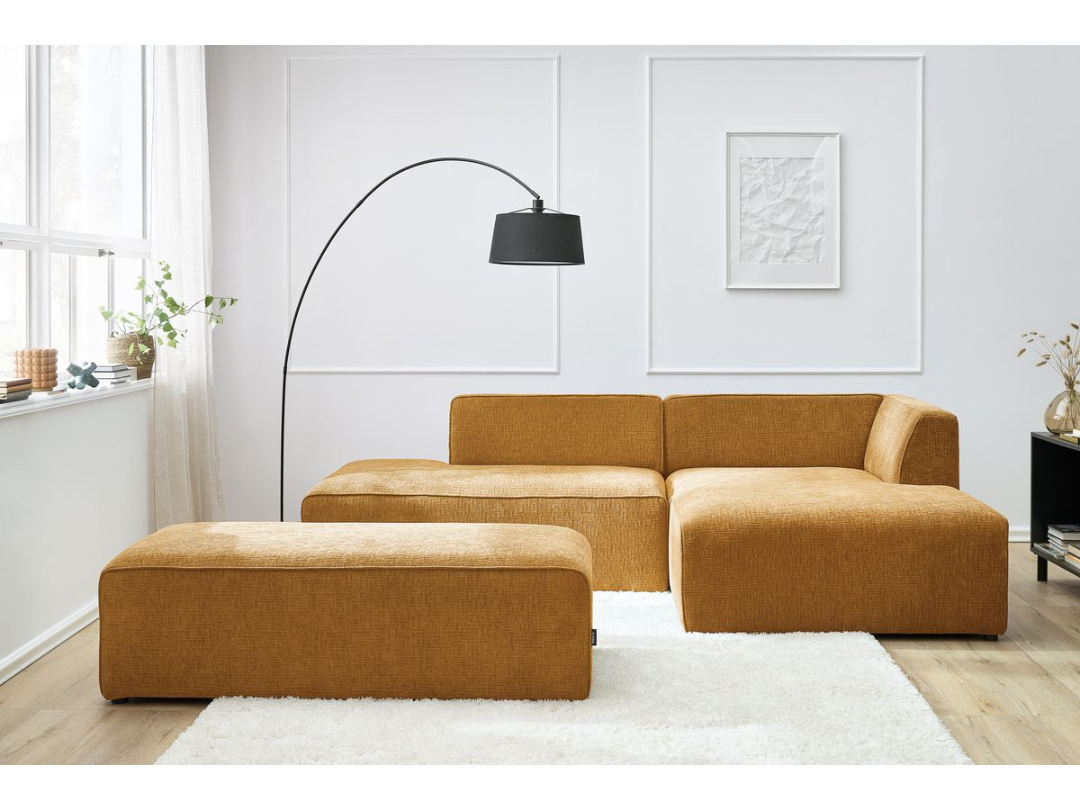 Bobochic Megeve Ecksofa mit Schlaffunktion und Pouf Strukturstoff Gelb Ecke rechts