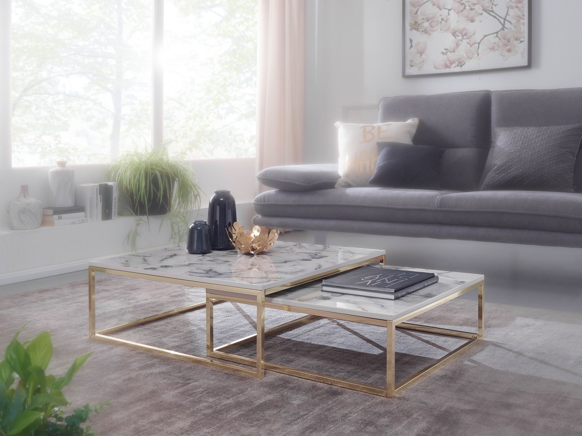 Satztisch 2er-Set Kvivik Marmoroptik Weiß 75 × 75 × 27 cm