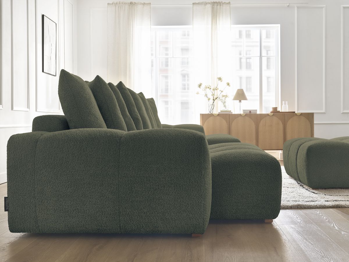 Bobochic Anakin Wohnlandschaft mit Pouf, 10 Kissen Bouclé-Stoff Grün