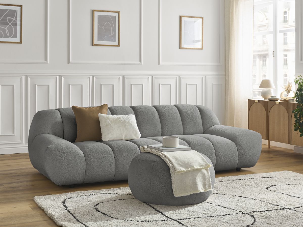 Bobochic Hayden Sofa 4-Sitzer mit Pouf Bouclé-Stoff Dunkelgrau