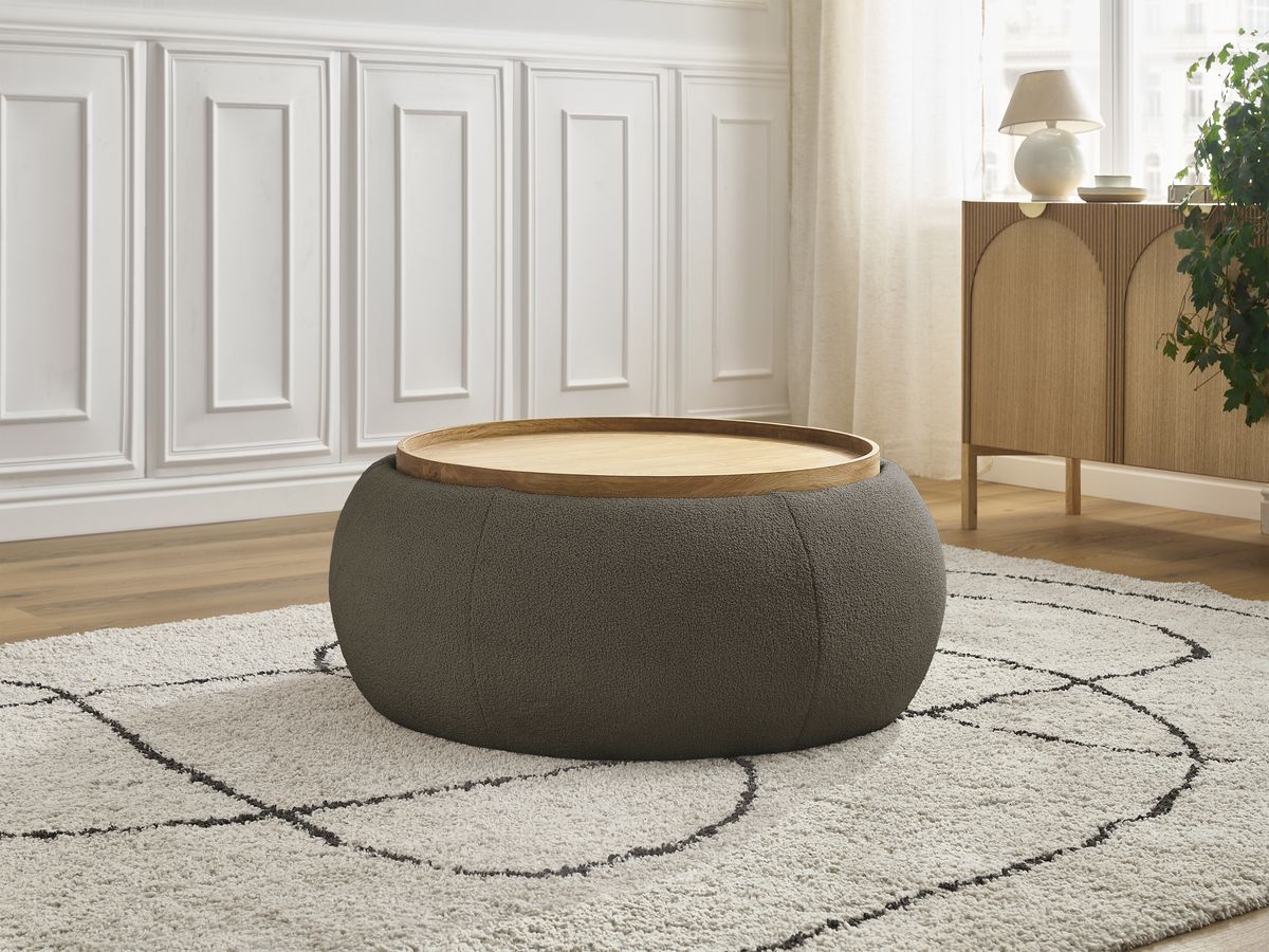 Bobochic Hayden Pouf mit Tablett, rund Bouclé-Stoff Braun, 87 cm