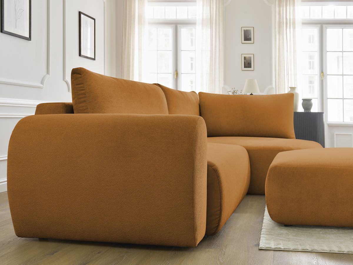 Bobochic Lucien Ecksofa mit Schlaffunktion und Bettkasten und Pouf 296 × 198 cm Stoff Gelb Ecke rechts