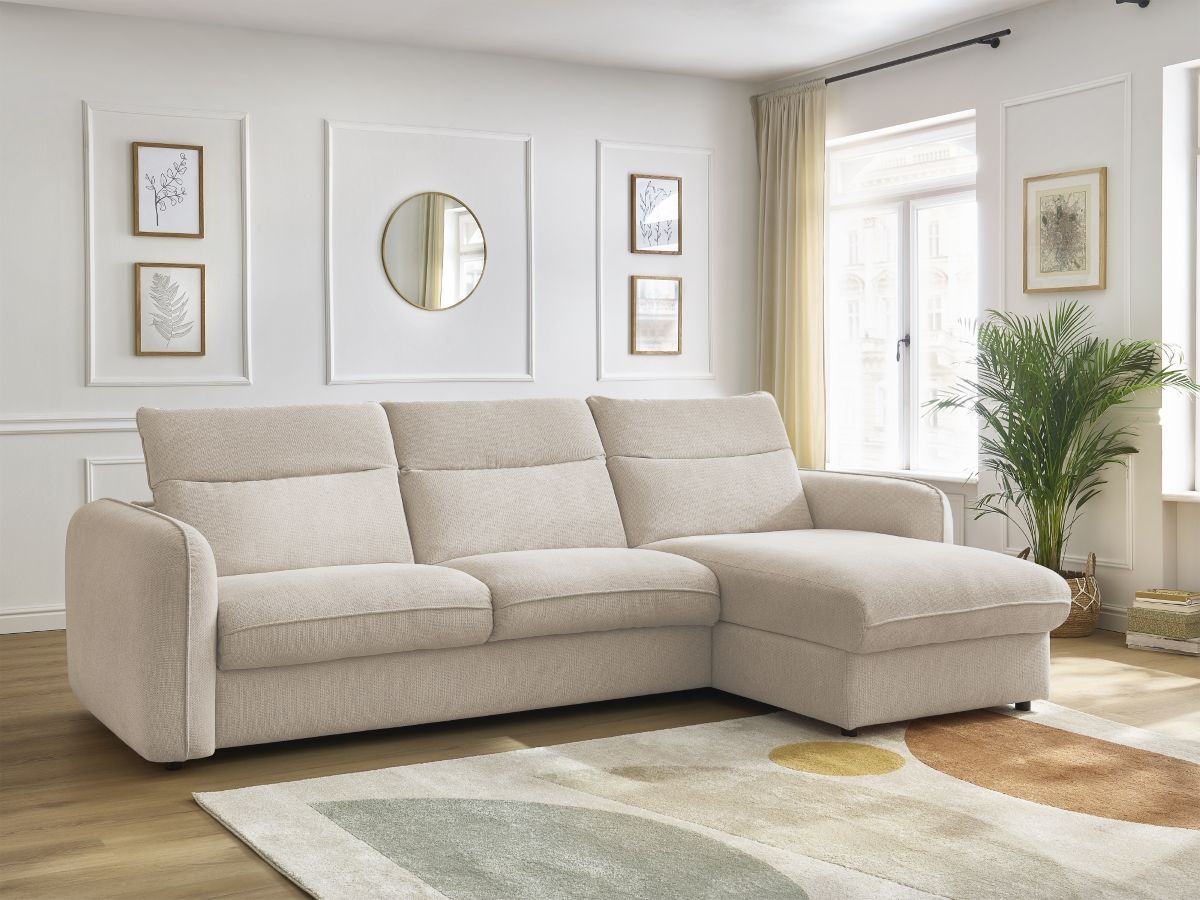 Bobochic Achille Ecksofa mit Schlaffunktion und Bettkasten Melange-Stoff Beige, Liegefläche 160 × 200 cm