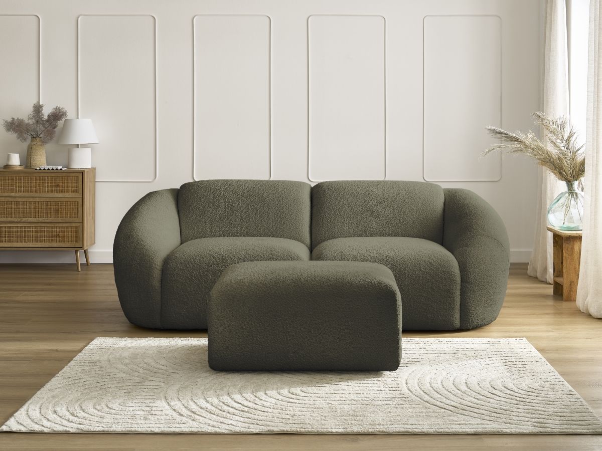 Bobochic Tina Sofa 3-Sitzer mit Pouf Bouclé-Stoff Grün