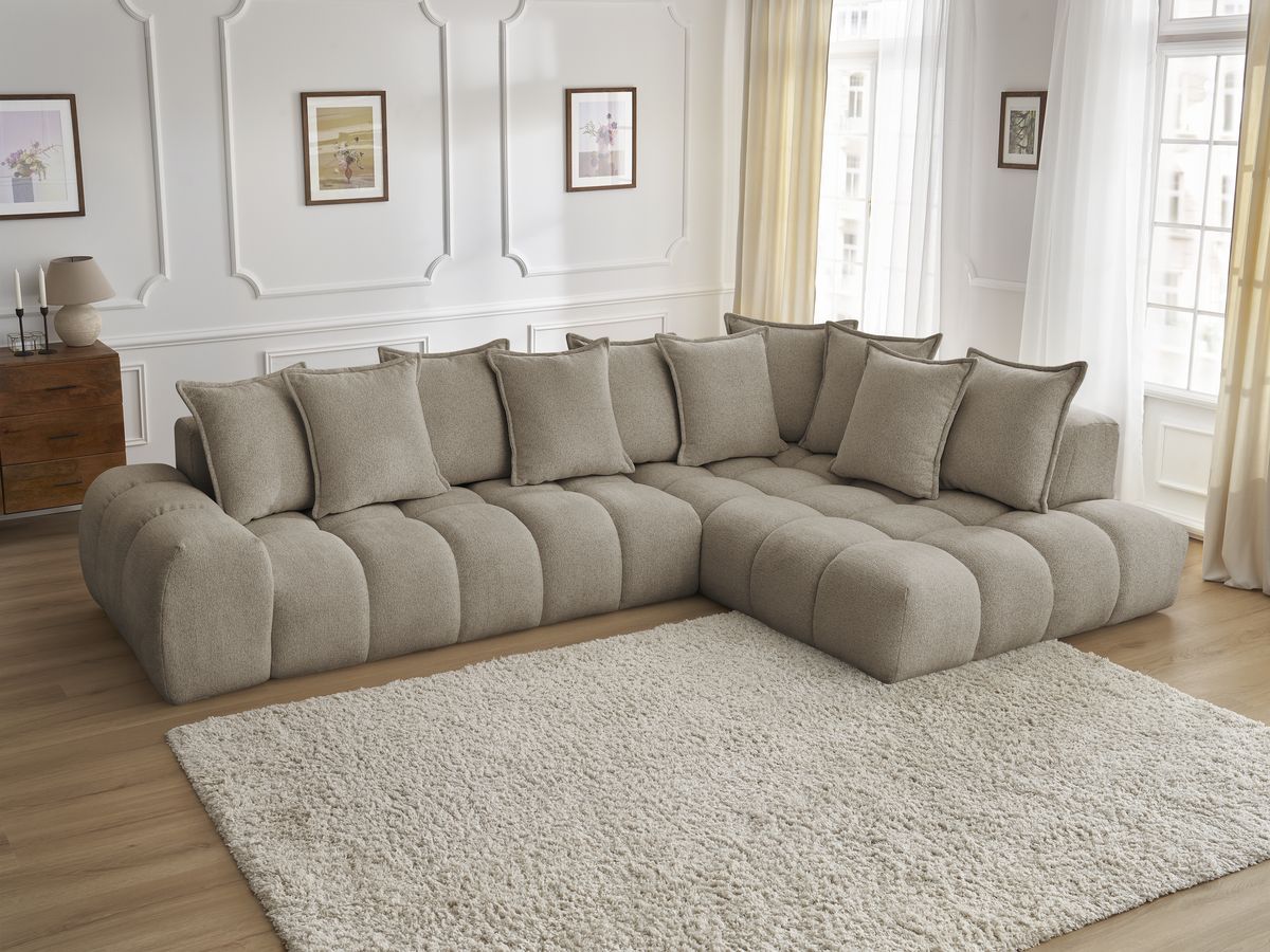 Bobochic Everest Ecksofa, 10 Kissen Melange-Stoff Taupe Ecke rechts