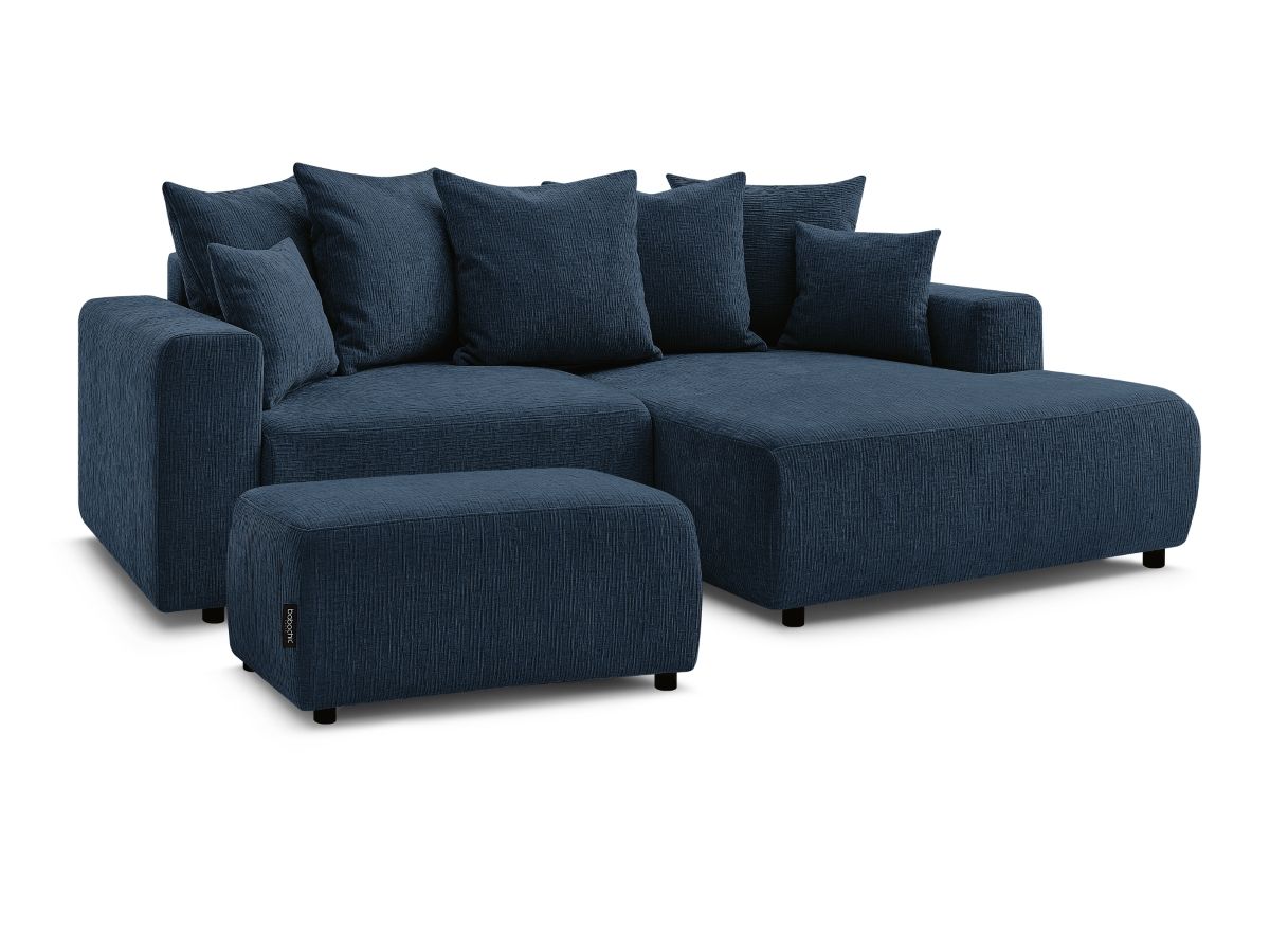 Bobochic Atilla Ecksofa mit Schlaffunktion und Bettkasten und Pouf Strukturstoff Dunkelblau Ecke rechts