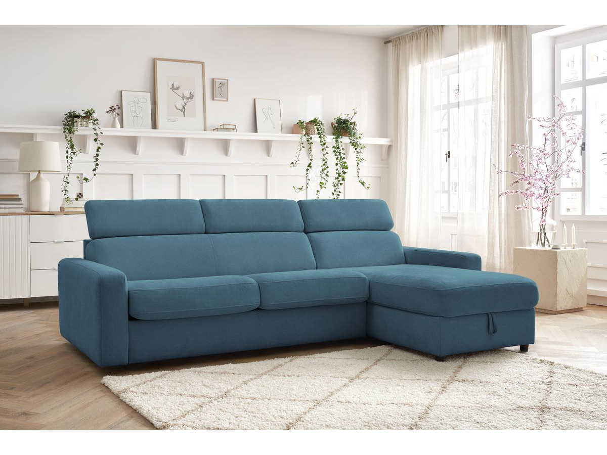 Bobochic Monaco Ecksofa mit Schlaffunktion und Bettkasten Stoff Hellblau, Liegefläche 160 × 190 cm