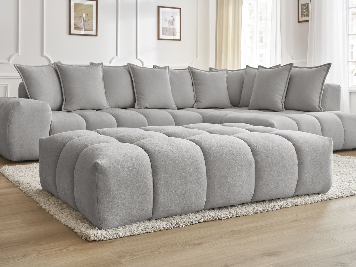 Bobochic Everest Ecksofa mit Schlaffunktion und Pouf, 10 Kissen Strukturstoff Hellgrau Ecke rechts