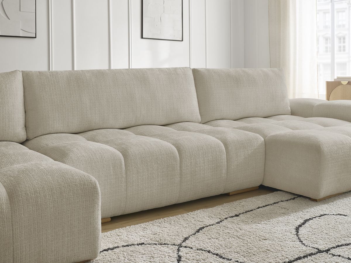 Bobochic Anakin Wohnlandschaft mit Pouf, 3 Kissen Strukturstoff Beige