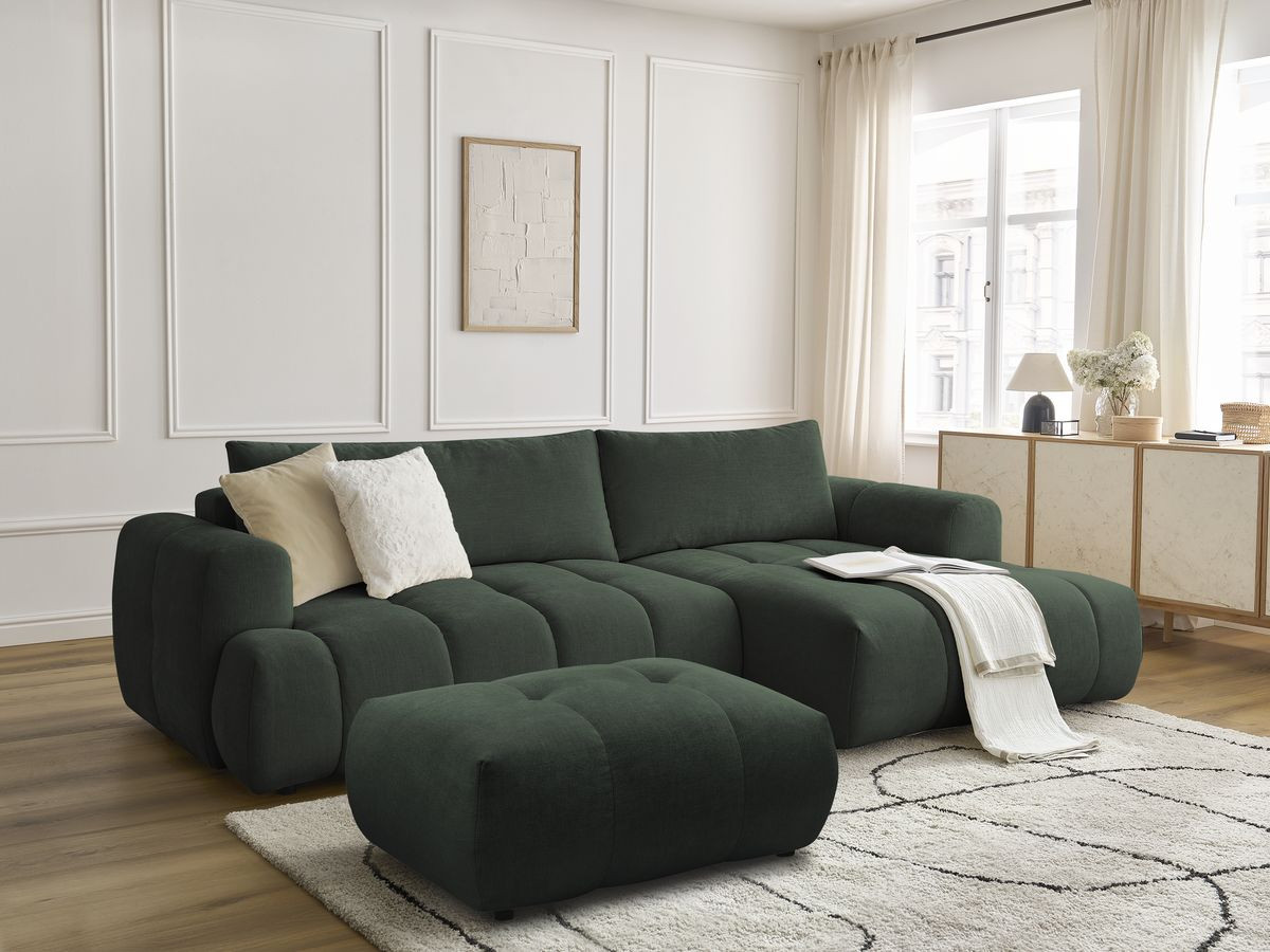 Bobochic Fuji Ecksofa mit Schlaffunktion und Bettkasten und Pouf 292 × 160 cm Stoff Grün Ecke rechts