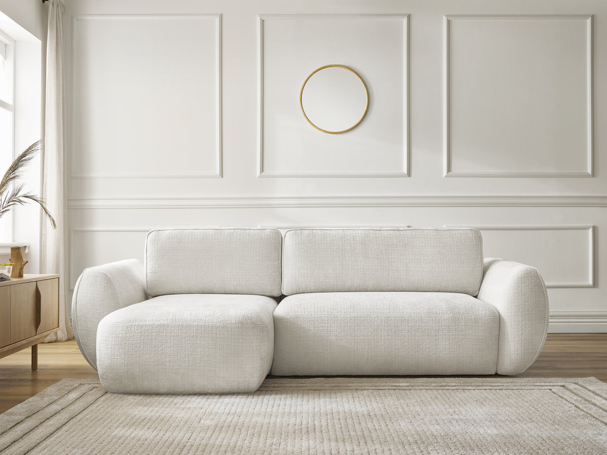 Bobochic Denise Ecksofa mit Schlaffunktion und Bettkasten 258 × 160 cm Strukturstoff Weiß Ecke links