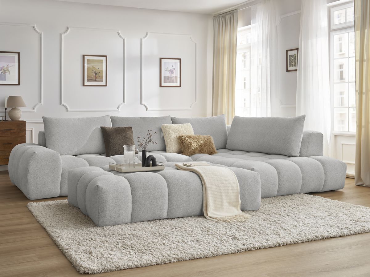 Bobochic Everest Ecksofa mit Schlaffunktion und Pouf, 4 Kissen Melange-Stoff Hellgrau Ecke rechts