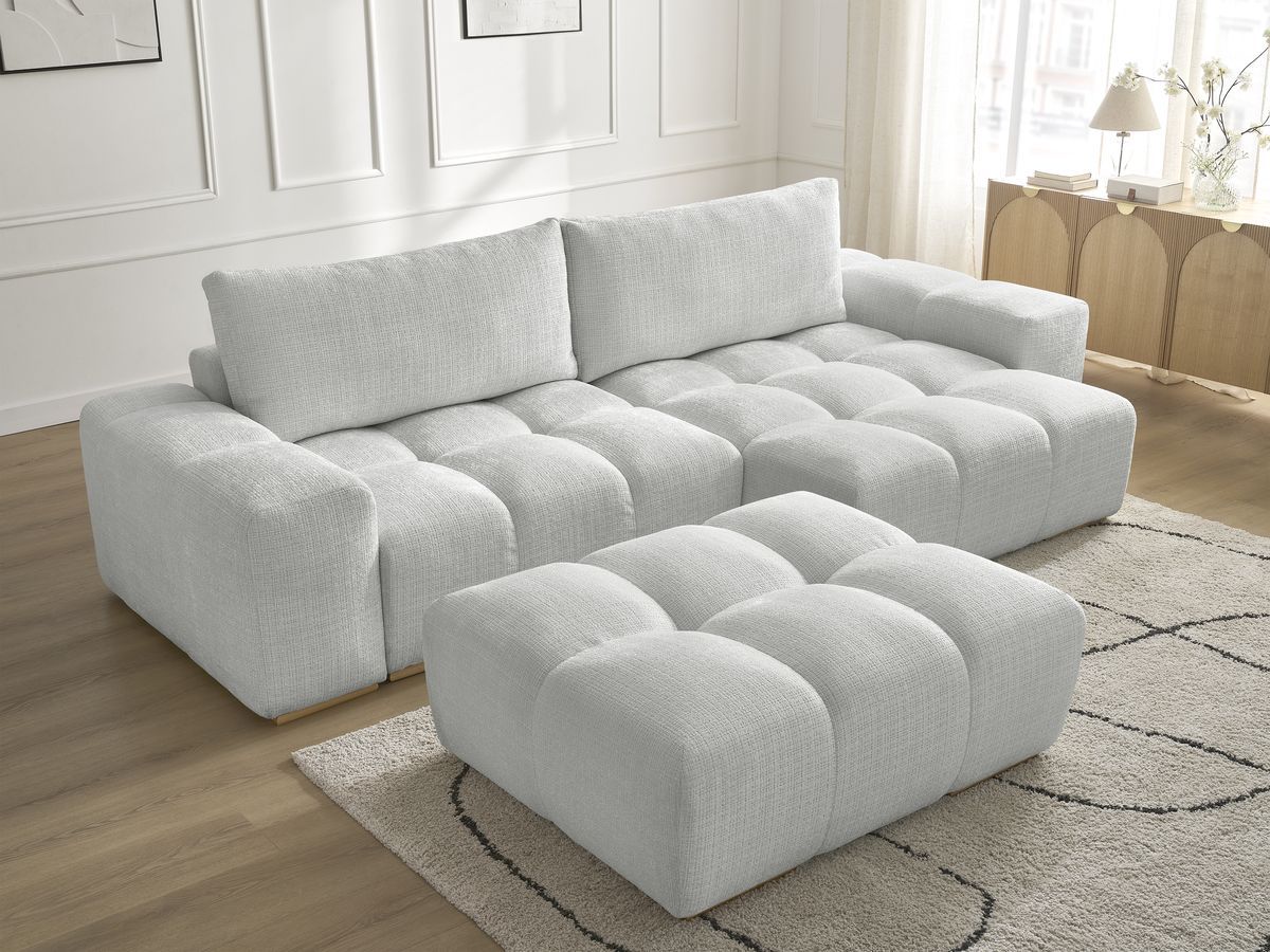 Bobochic Anakin Ecksofa mit Pouf, 2 Kissen Strukturstoff Hellgrau