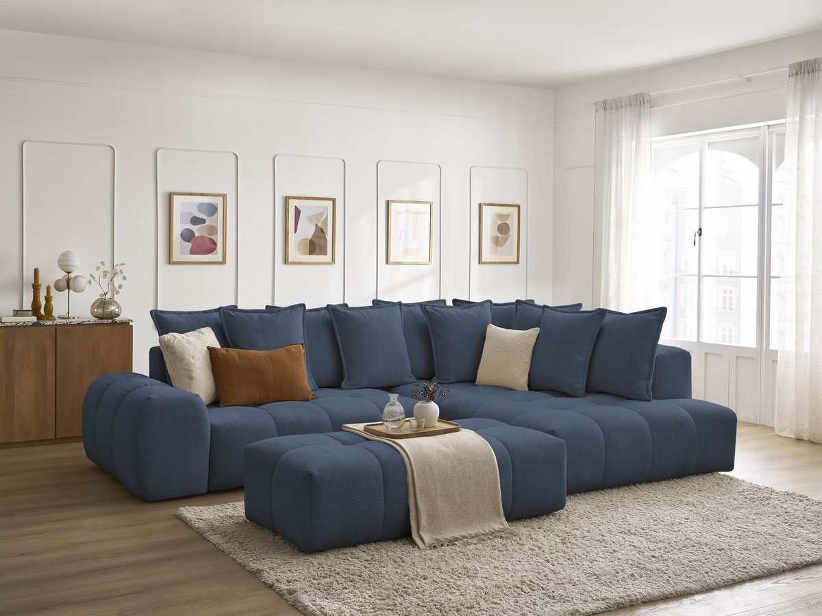 Bobochic Everest Ecksofa mit Schlaffunktion und Bettkasten und Pouf 320 × 212 cm, 10 Kissen Melange-Stoff Dunkelblau Ecke rechts