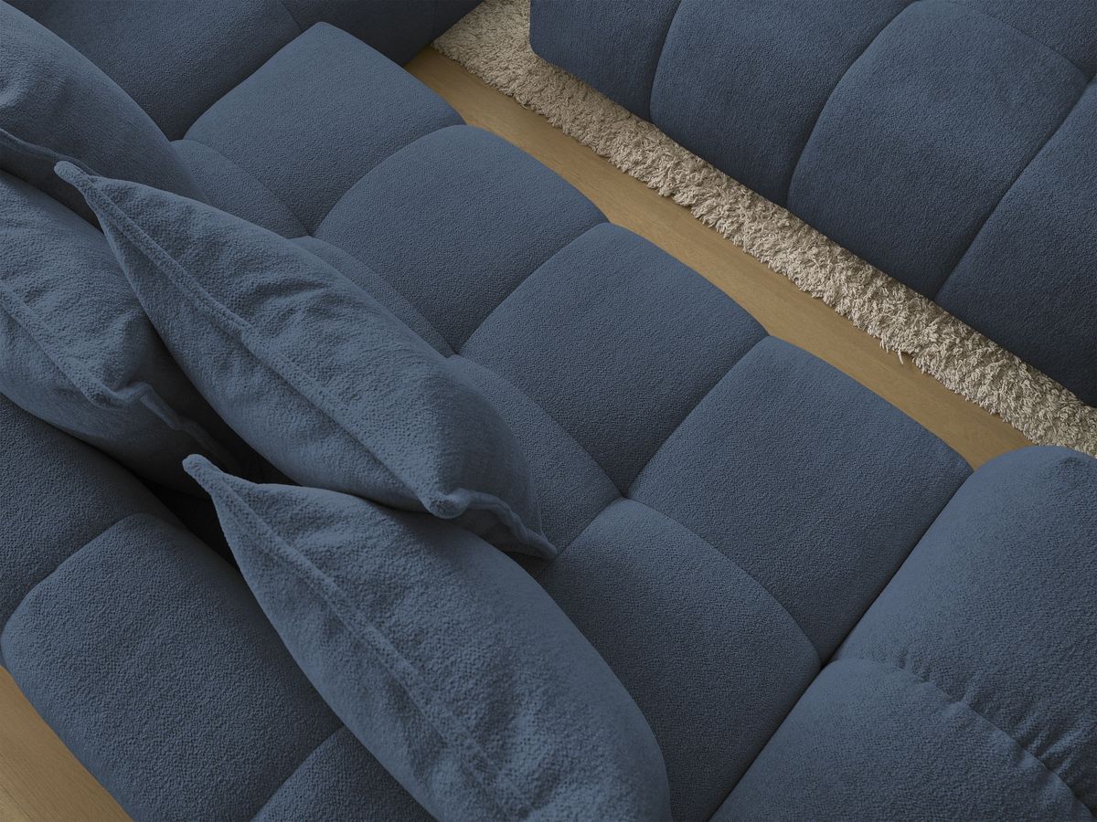 Bobochic Everest Ecksofa mit Schlaffunktion und Bettkasten und Pouf 320 × 212 cm, 10 Kissen Melange-Stoff Dunkelblau Ecke rechts