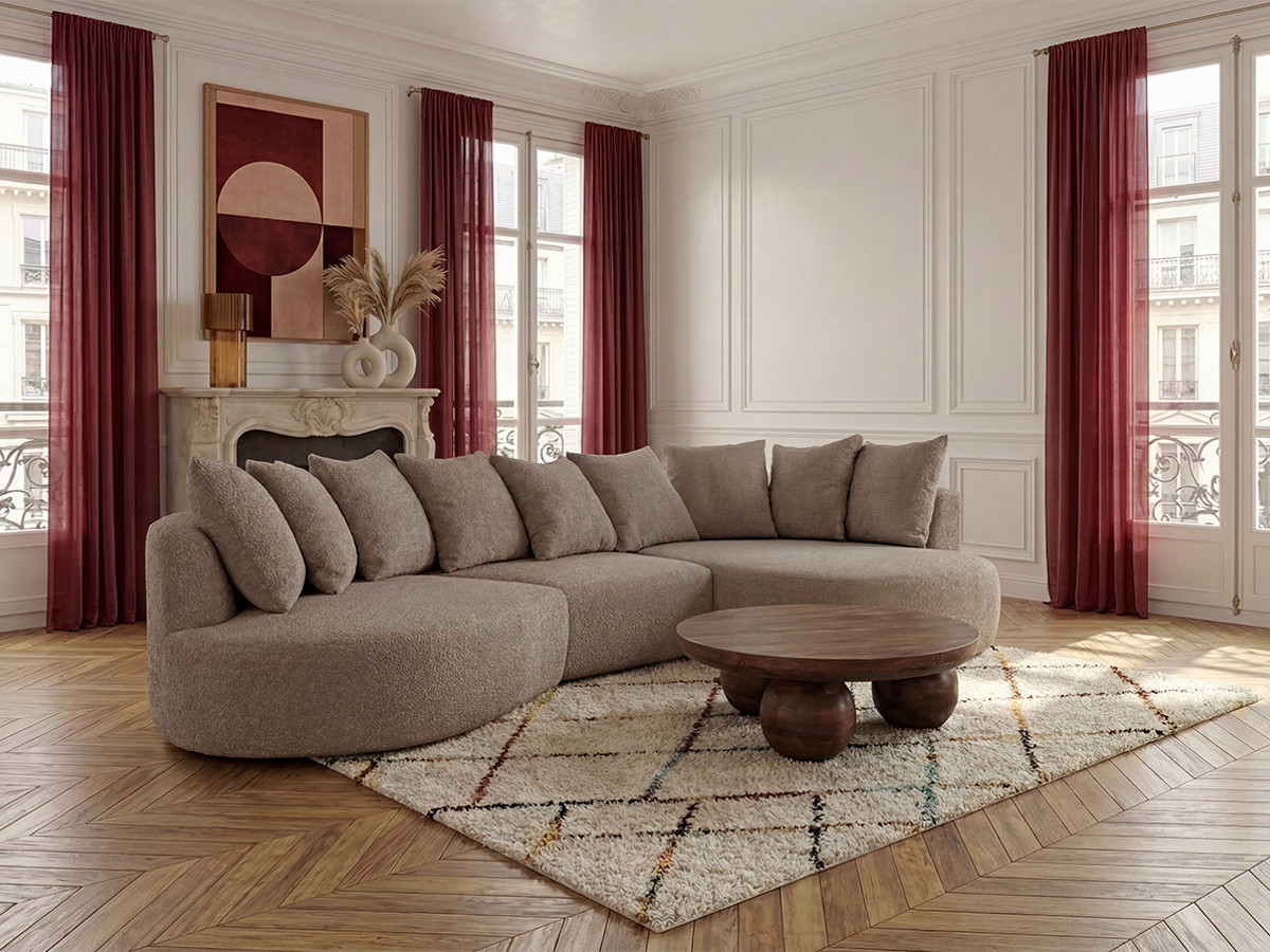 Bobochic Calypso Ecksofa Bouclé-Stoff Taupe Ecke rechts