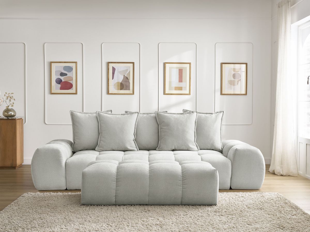 Bobochic Everest Schlafsofa 3-Sitzer mit Bettkasten und Pouf, 5 Kissen Strukturstoff Hellgrau