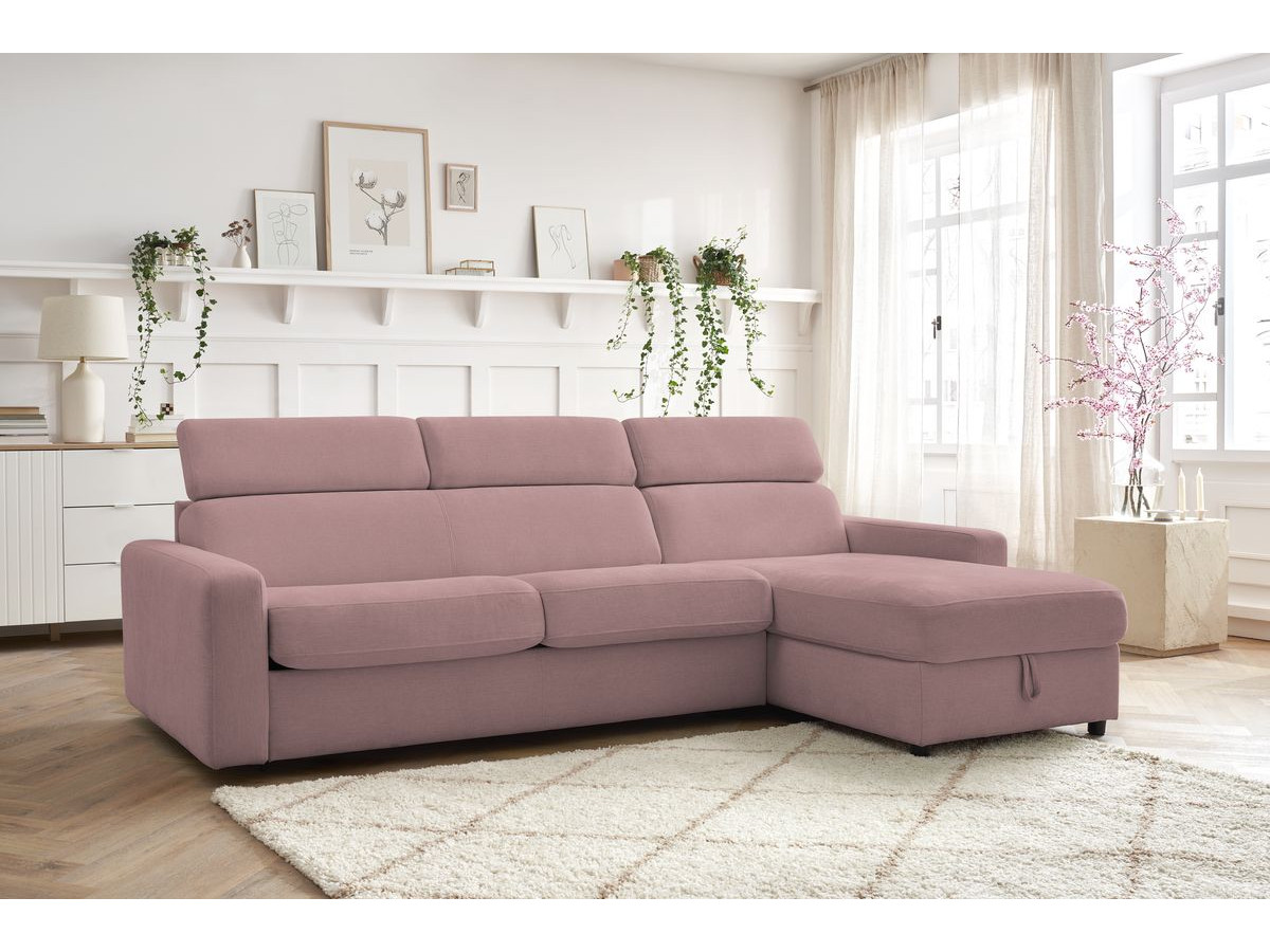 Bobochic Monaco Ecksofa mit Schlaffunktion und Bettkasten Stoff Rosa, Liegefläche 140 × 190 cm