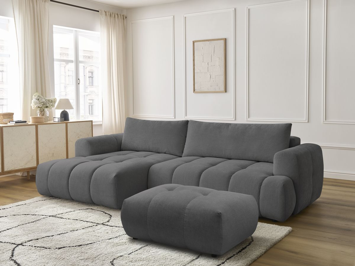 Bobochic Fuji Ecksofa mit Schlaffunktion und Bettkasten und Pouf 292 × 160 cm Stoff Dunkelgrau Ecke links