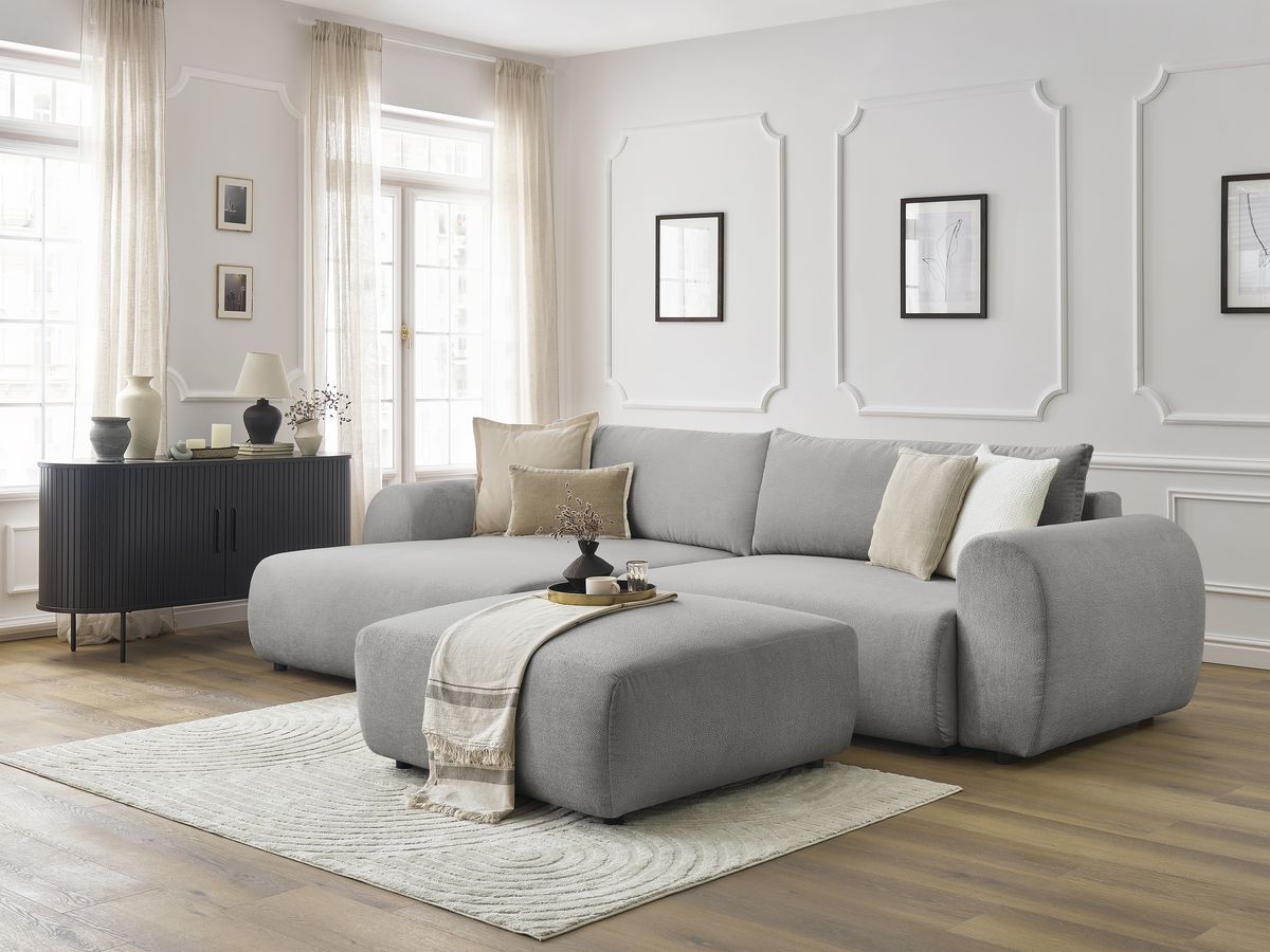 Bobochic Lucien Ecksofa mit Schlaffunktion und Bettkasten und Pouf 314 × 167 cm Stoff Hellgrau Ecke links