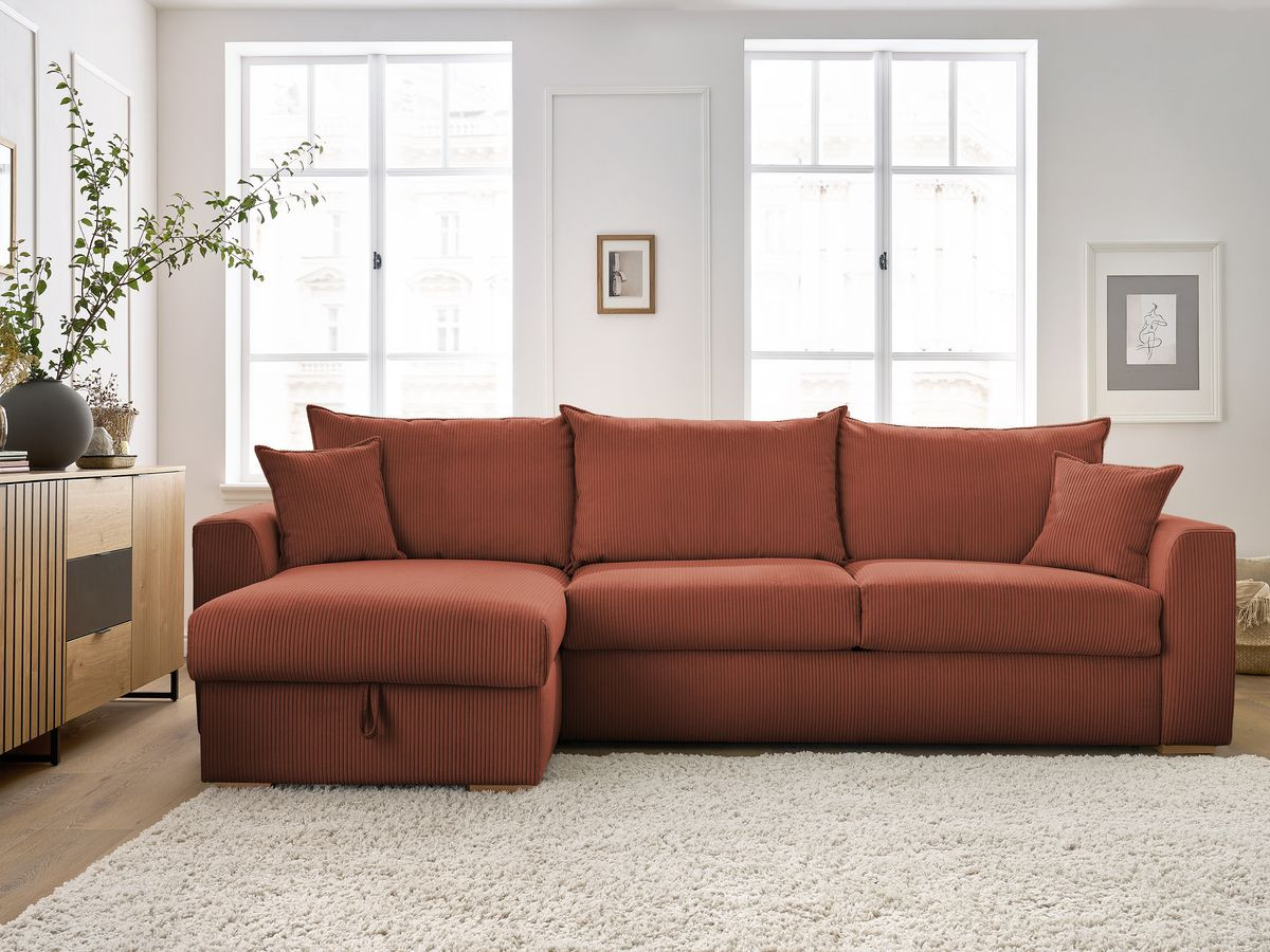 Bobochic Augustin Ecksofa mit Schlaffunktion und Bettkasten Cordsamt Orange, Liegefläche 140 × 200 cm