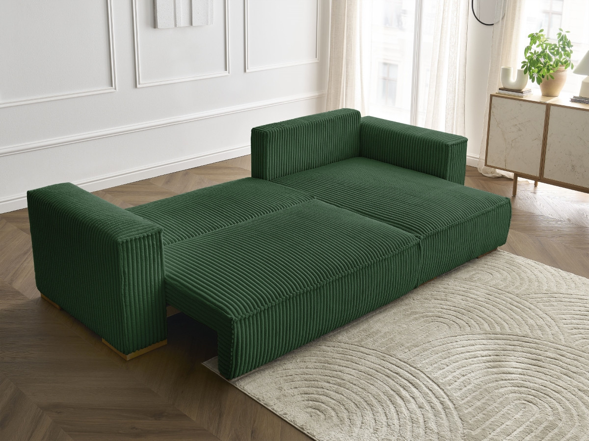 Bobochic Chelsea Ecksofa mit Schlaffunktion und Bettkasten Breitcord weich Grün