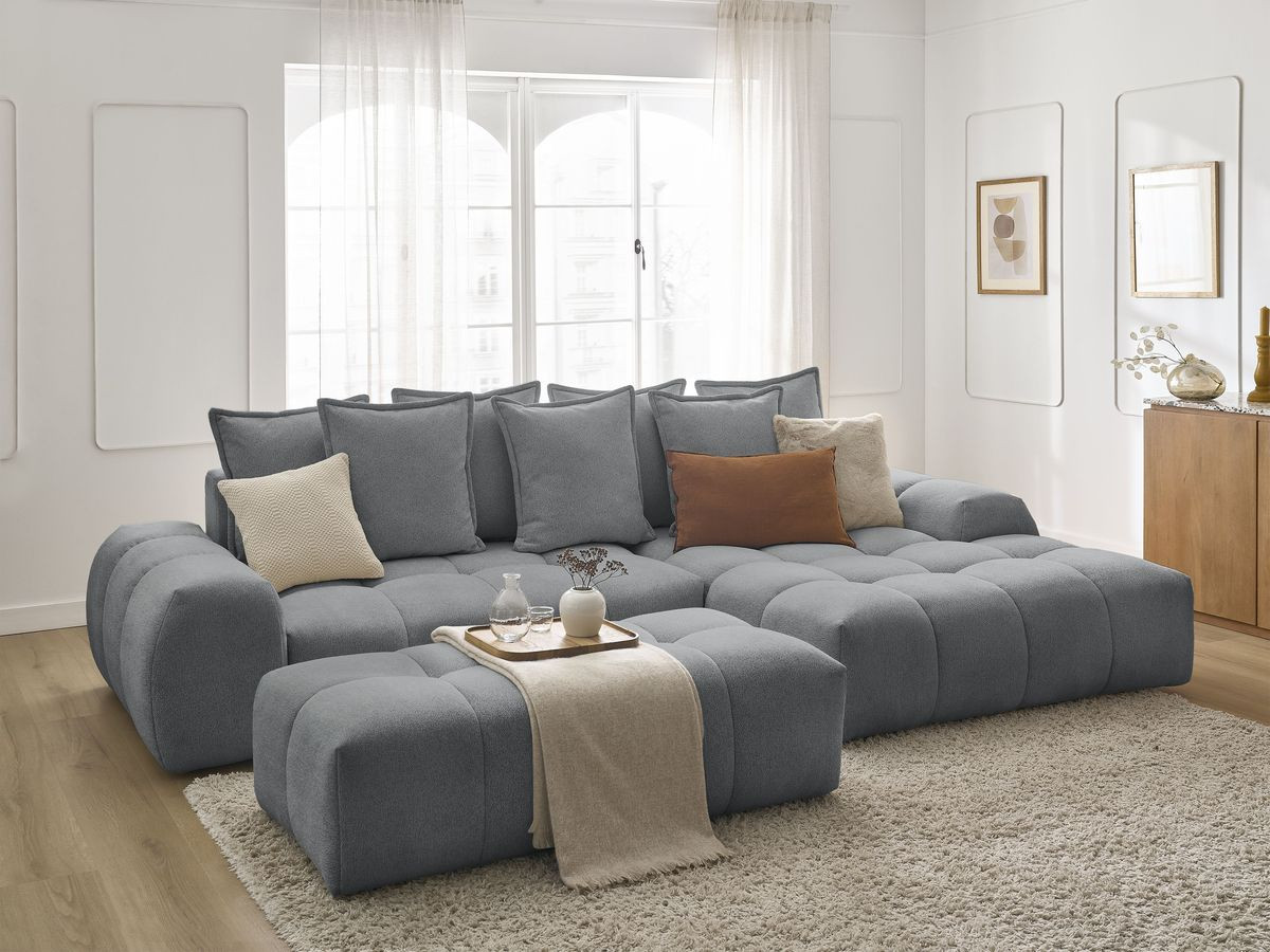 Bobochic Everest Ecksofa mit Schlaffunktion und Bettkasten und Pouf 318 × 180 cm, 7 Kissen Melange-Stoff Dunkelgrau Ecke rechts