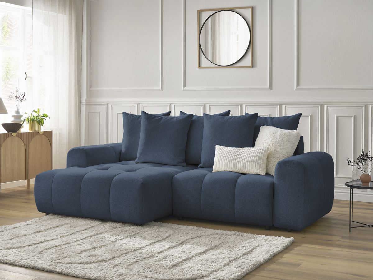 Bobochic Roxelane Ecksofa mit Schlaffunktion und Bettkasten 258 × 150 cm Melange-Stoff Dunkelblau Ecke links