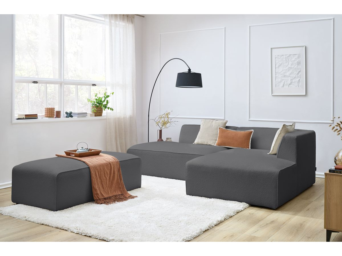 Bobochic Megeve Ecksofa mit Schlaffunktion und Pouf Bouclé-Stoff Dunkelgrau Ecke rechts