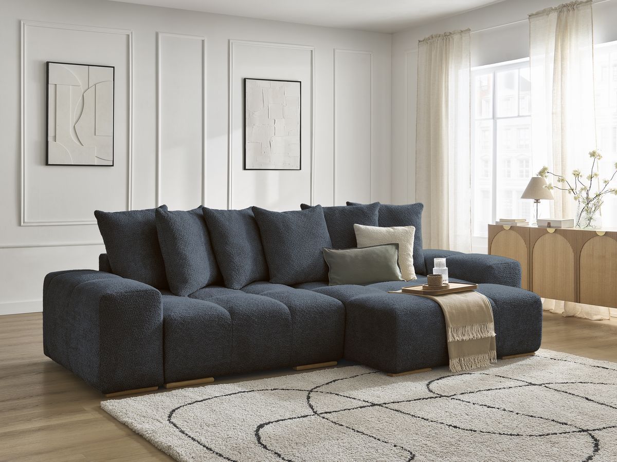 Bobochic Anakin Ecksofa, 6 Kissen Bouclé-Stoff Dunkelblau