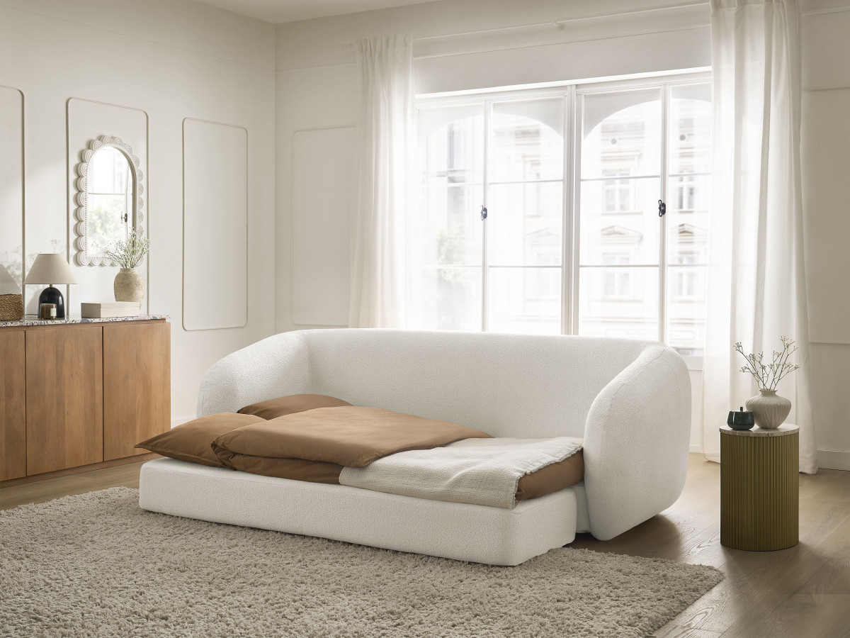 Bobochic Neyo Schlafsofa 3-Sitzer Bouclé-Stoff Weiß
