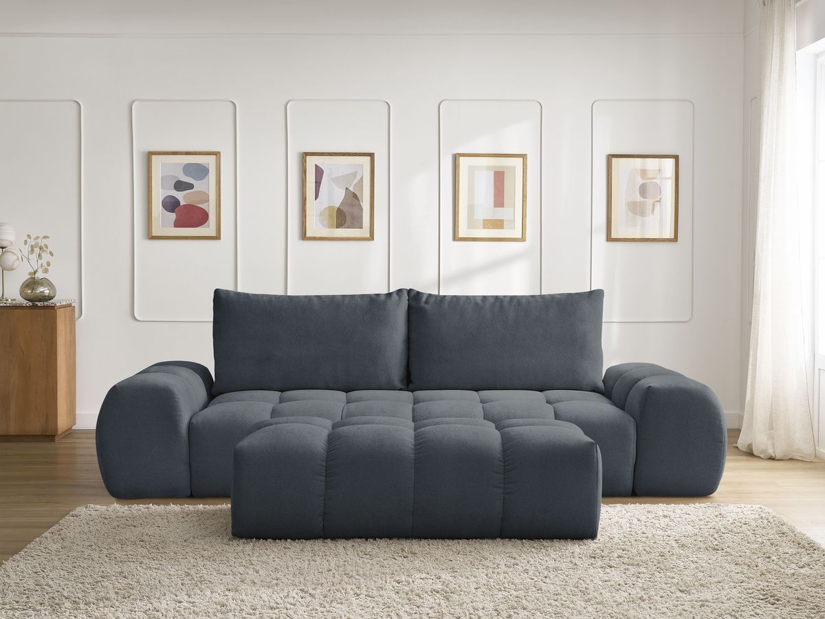 Bobochic Everest Schlafsofa 3-Sitzer mit Bettkasten und Pouf, 2 Kissen Strukturstoff Dunkelblau