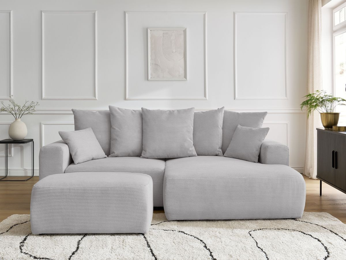 Bobochic Atilla Ecksofa mit Schlaffunktion und Bettkasten und Pouf Cordsamt Hellgrau Ecke rechts