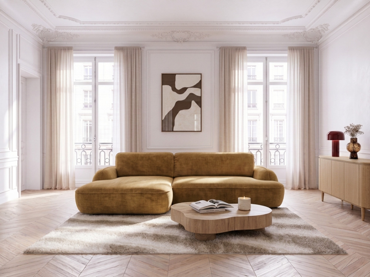 Bobochic Celeste Ecksofa mit Schlaffunktion und Bettkasten Stoff Gelb Ecke links