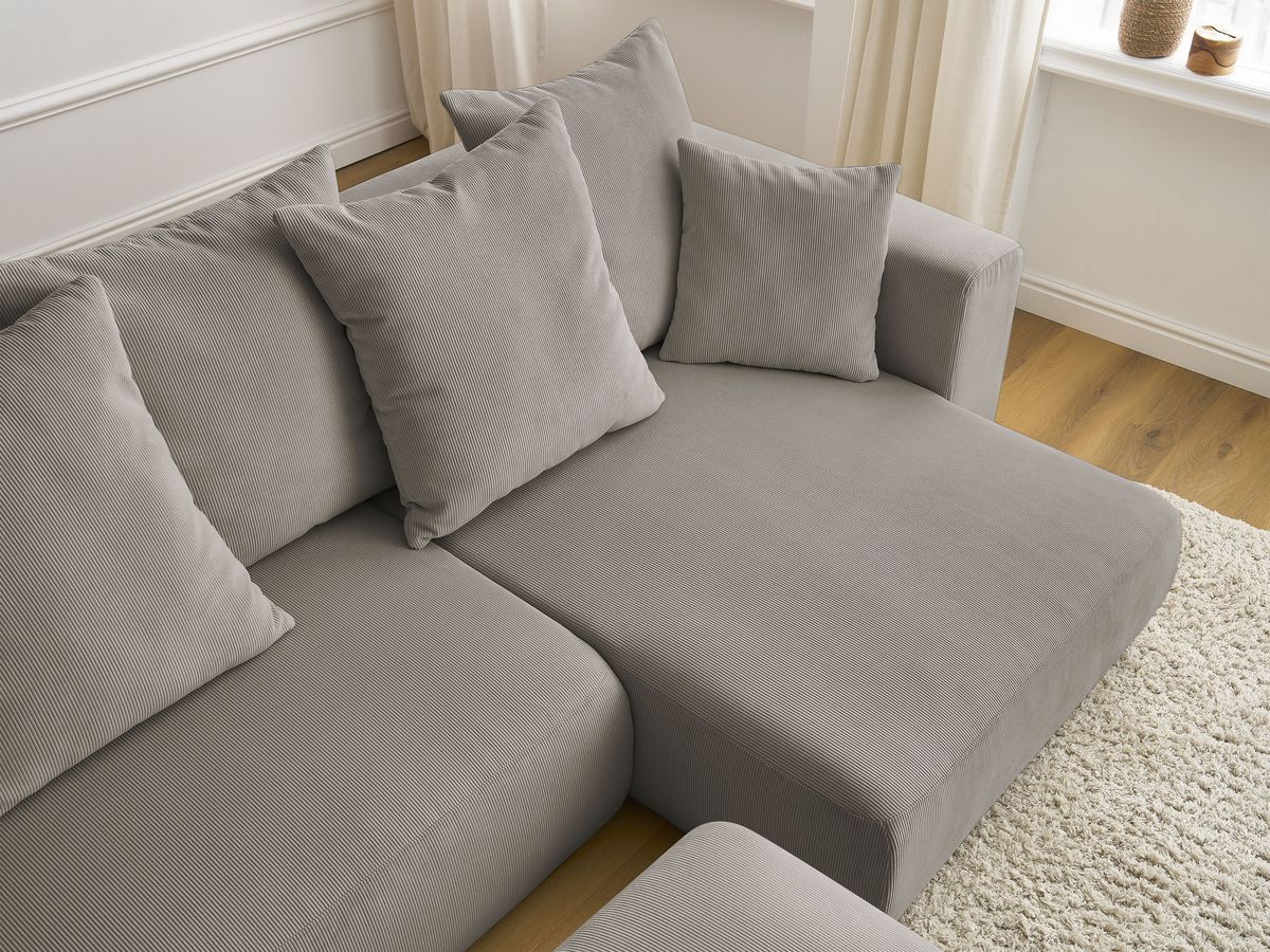 Bobochic Sidonie Ecksofa mit Schlaffunktion und Bettkasten und Pouf Cordsamt Taupe