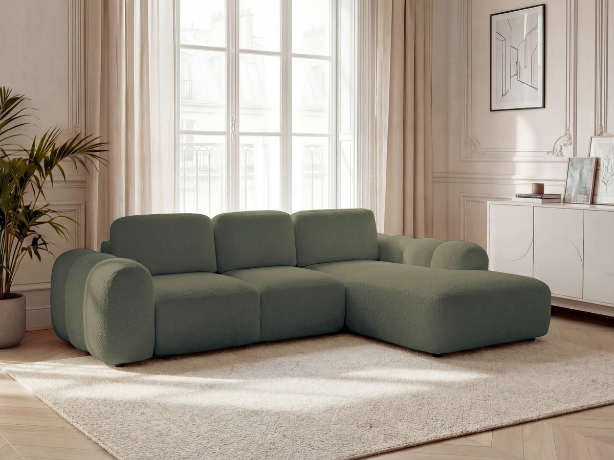 Bobochic Montaigne Ecksofa mit Schlaffunktion und Bettkasten 288 × 196 cm Bouclé-Stoff Grün Ecke rechts