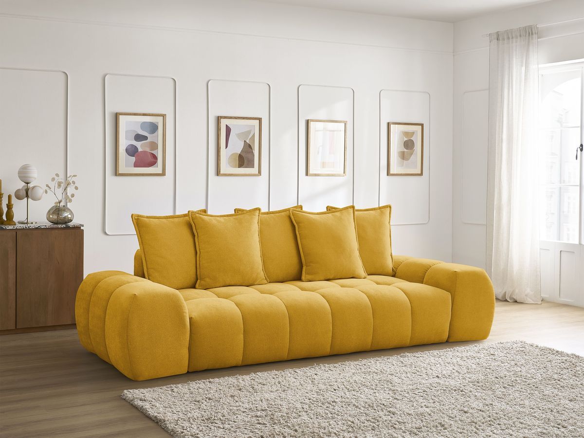 Bobochic Everest Schlafsofa 3-Sitzer mit Bettkasten, 5 Kissen Strukturstoff Gelb